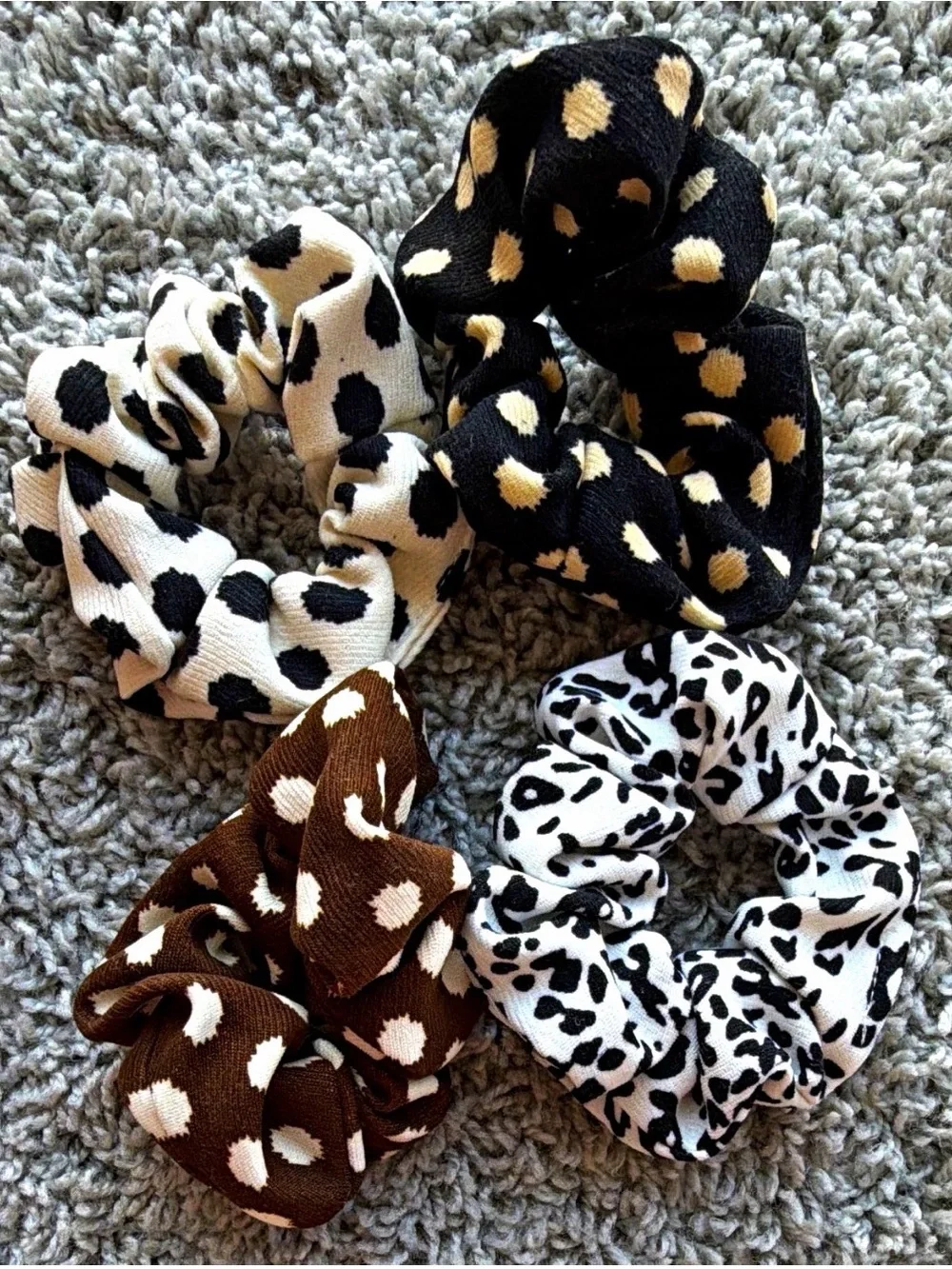 Animal Print Scrunchie Set - Black, White, Brown, Cream